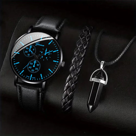 Men's 3pc Business Watch Gift Set — Leather Quartz Wristwatch, Necklace & Bracelet — view 1 of watches