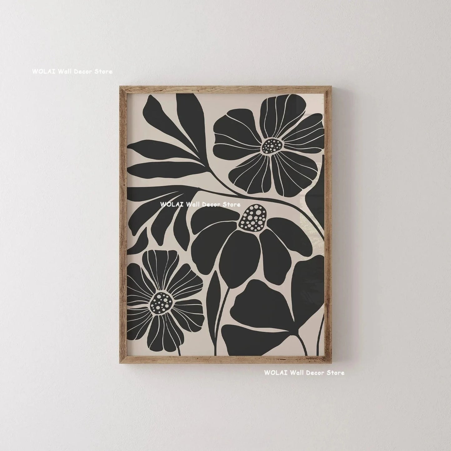 Abstract Moody Plant Canvas Poster — Mid-Century Beige & Black Floral Wall Art