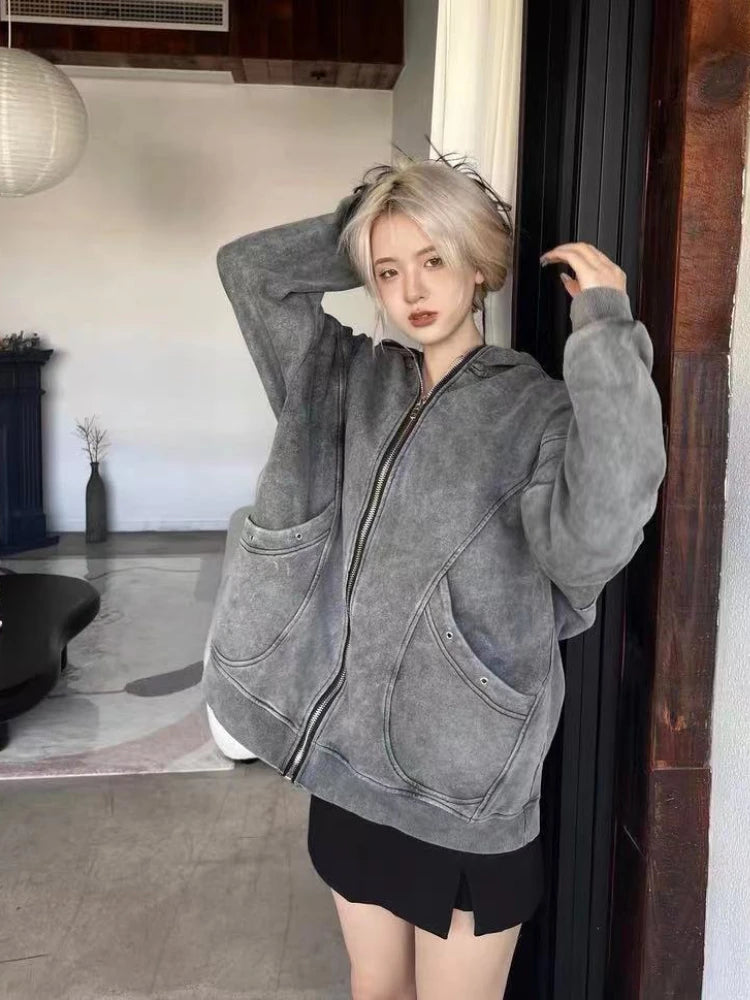 ADA girl Oversized Grey Zip Hoodie – Women’s Retro Streetwear Zipper Jacket