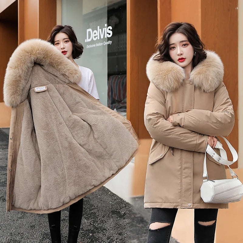 Women Parka Fashion Long Coat Wool Liner Hooded Parkas 2024