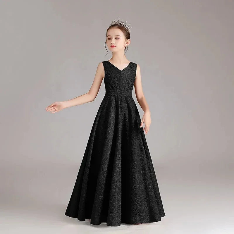 Elegant Black Blue Red Long Teen Kids Evening Gown For Girls Child Costume V neck Wedding Prom Dress 12 14 Years Party Clothes