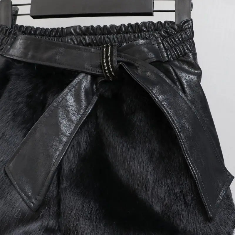 Fur Shorts Women's New Winter Style Korean Style Rivet High Waist Slim Slim Wide Leg Pants Rabbit Fur Leather Pants Boot Pants