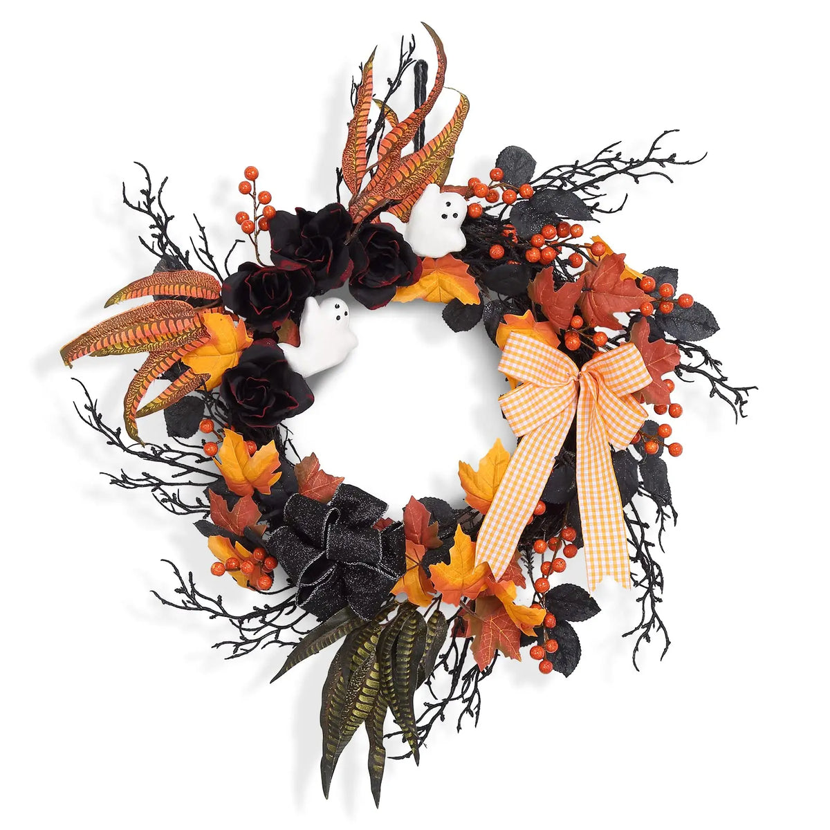 26-Inch Halloween Ghost Wreath for Front Door with Black Roses — product photo 8