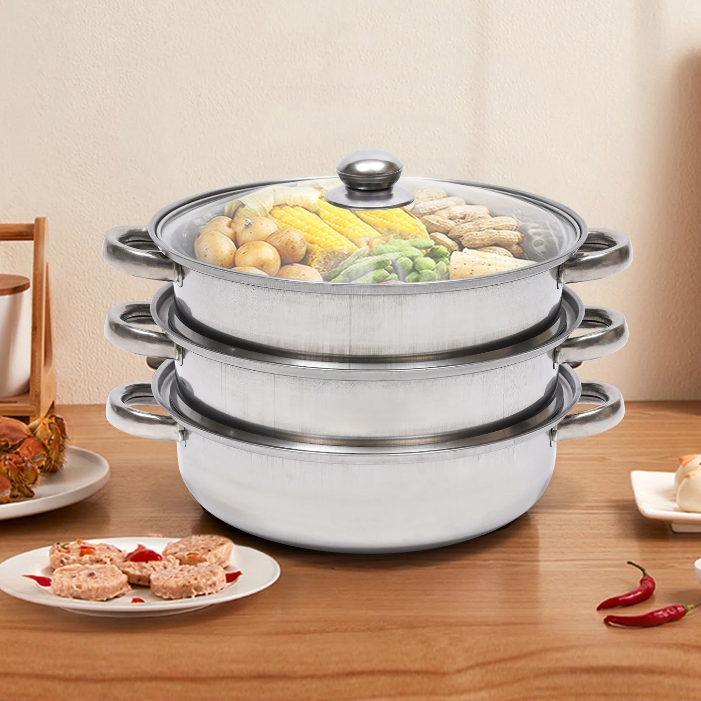 3-Tier 28cm Stainless Steel Steamer Pot Multi-Function Cooking Vegetable Seafood Dim-Sum Steamer wit