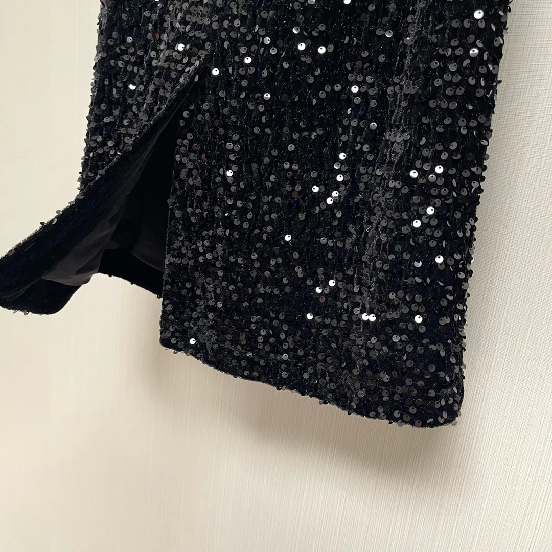 Autumn sequined skirt for women with high waist design, fine sequined starry sky feeling back slit skirt