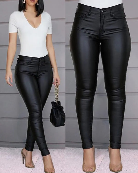 Women PU Leather Pants Black Sexy Stretch Bodycon Trousers Women High Waist Long Plus Size S-3XL