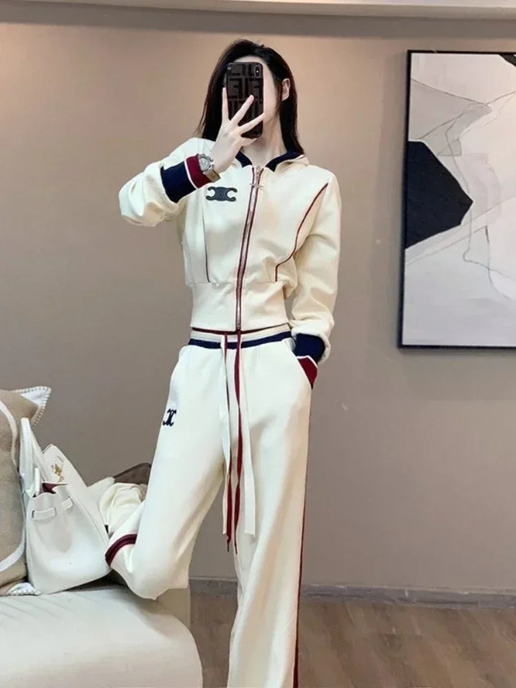 Women Cardigan Hooded Sweatshirt Zipper Short Coat Temperament Long Sleeves Top Wid leg Long Pants Set Sport Set Women Tracksuit