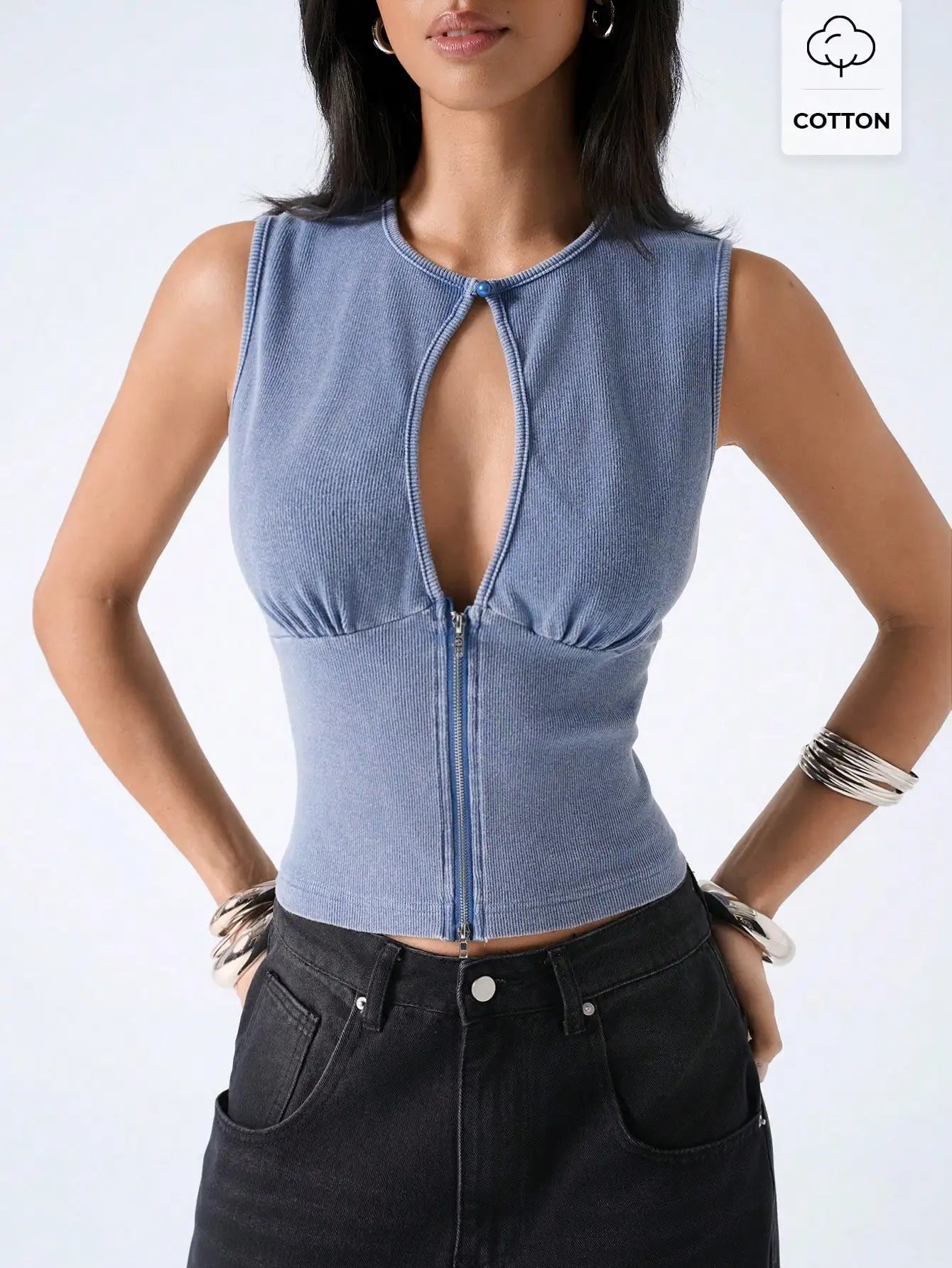 Rhinestone Cutout Tank Top — Black Statement Zip-Front Going-Out Cami — view 7 of tanks & camisoles