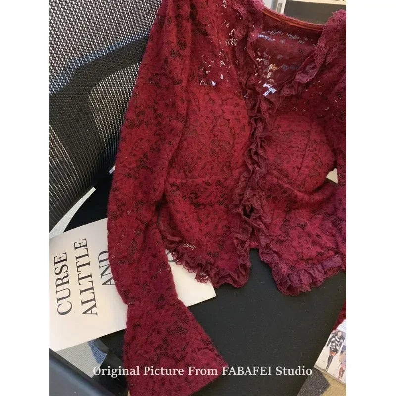 France Ankela Red Crochet Hollow V-neck Lace Shirt Spring Sexy Women Long Flare Sleeve Bottoming Shirts with Chest Pad Small Top