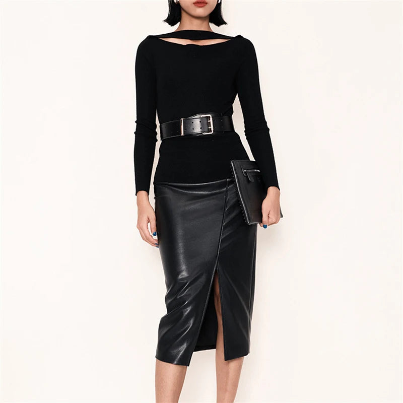 Black Real Sheepskin Skirt Elegant Office Ladies Sexy High Waist Split Bodycon Skirts Fashion Genuine Leather Over Knee Skirts