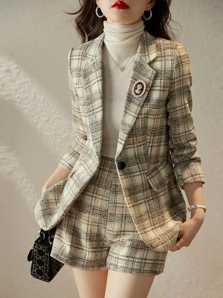 Autumn Winter Vintage Plaid Blazer Office Ladies 2 Piece Sets Korean Elegant Long Sleeve Suit Coat And High Waist Shorts Outfit