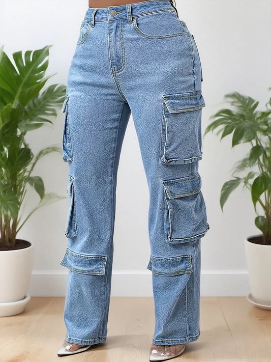 Plus-Size Light-Wash Cargo Jeans — Multi-Pocket Straight-Leg Streetwear Denim — front view