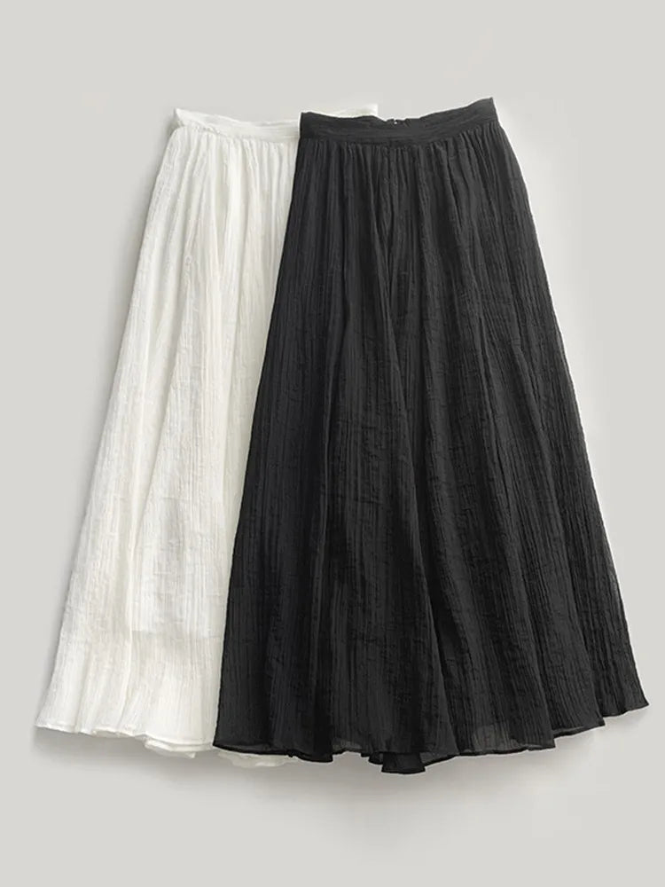 Women's High Waisted Lightweight Mid-Calf Skirt 2024 Summer Female Pleated White or Black A-Line Jupe