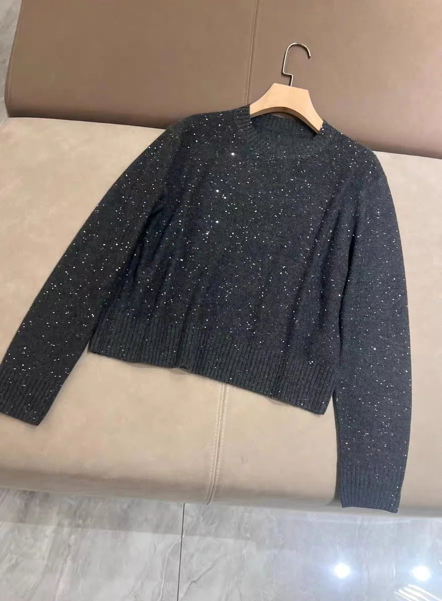 Women Sequin Cashmere Knitted Set A-Line Elastic Waist Midi Skirt or O-Neck Long Sleeve Sweater Elegant Autumn Winter Suit