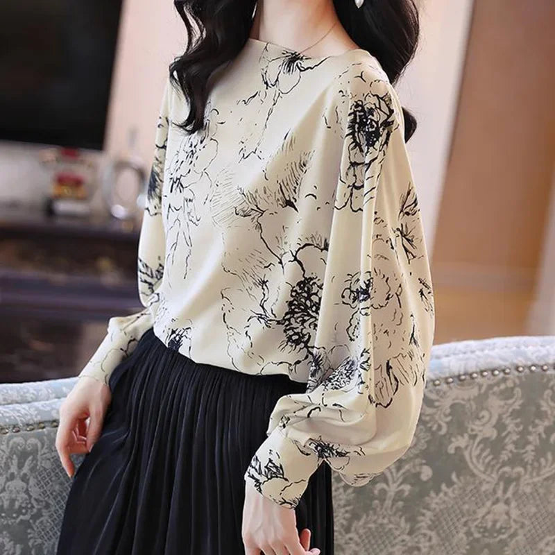 French Style Original Design Fashion Casual Printed Long Sleeved Shirt Autumn New Vintage Elegant Loose Round Neck Women's Top