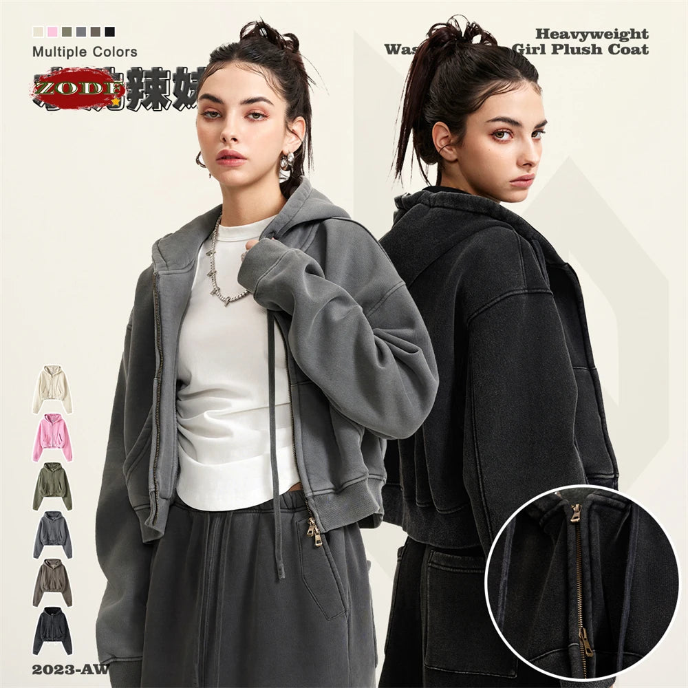 ZODF Retro 2023 Winter Women Short Zipper Hoodies Female Girls Loose 355gsm Thick Fleece Hooded Zip-up Coat Streetwears HY0448