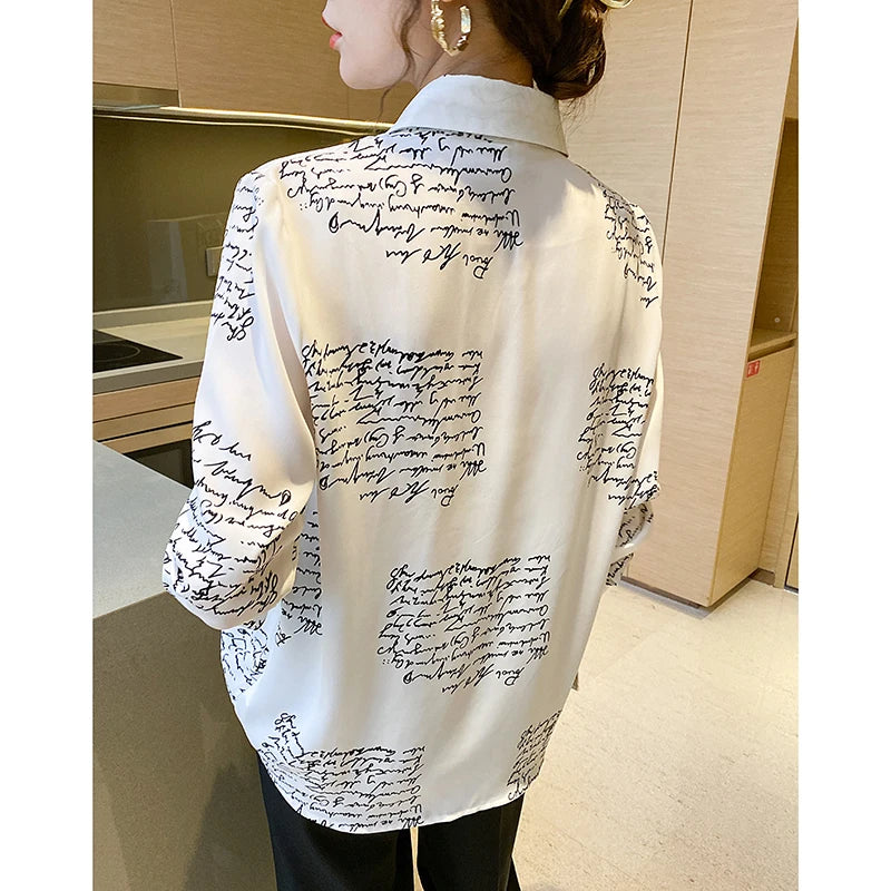 Women Spring Korean Loose Elegant Letter Printing All-match Long Sleeve Shirts Women Clothes Casual Office Lady Printing Tops