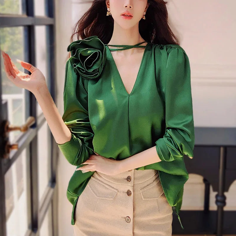 New Fashion Three-dimensional Flower Green Shirt Top Spring and Autumn Commuting Long-sleeved Loose Elegant Blouse Women Blusas