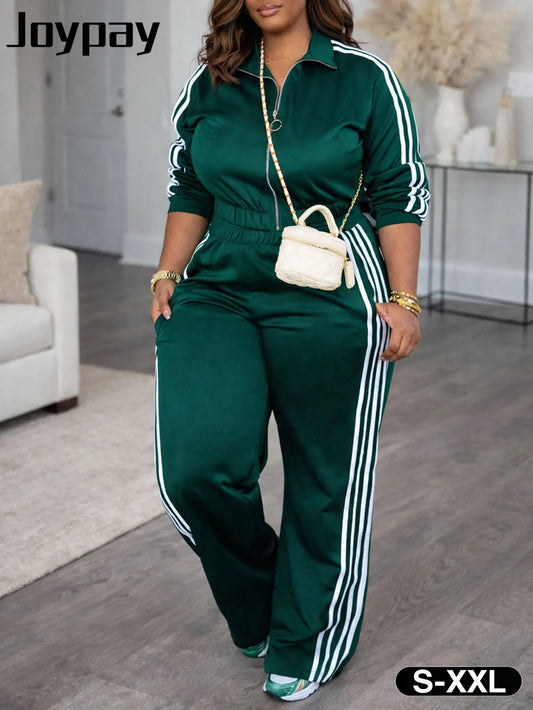 Women&rsquo;s Zipped Coat + Wide-Leg Pants Set &mdash; Green Long-Sleeve Striped Sportswear — view 1 of tracksuits