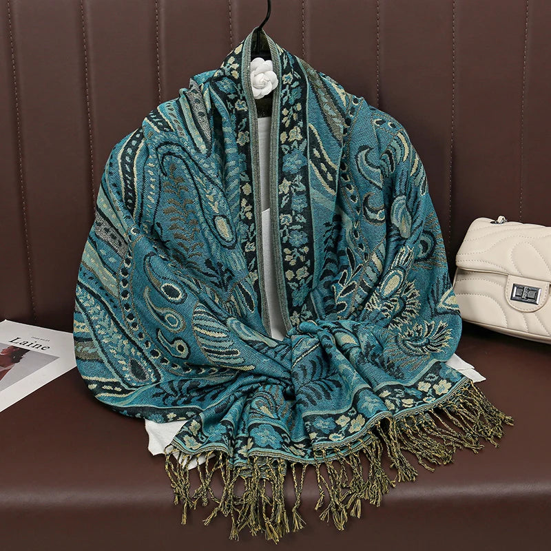 Cashmere-Feel Paisley Scarf Luxury-inspired — Tassel Hijab Pashmina Shawl Wrap, Blue Palette — view 2 of scarves & wraps