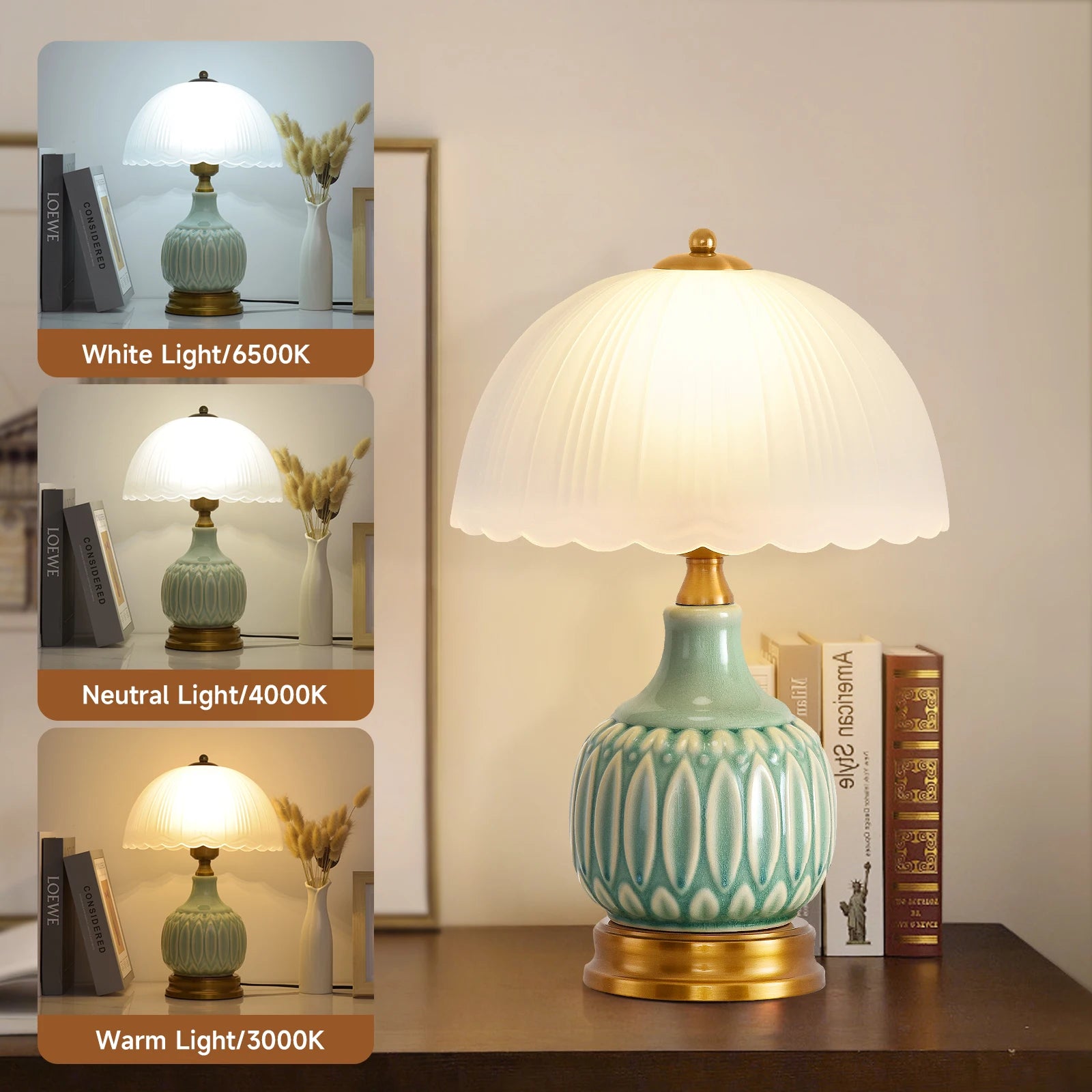 Vintage Ceramic Table Lamp &mdash; 16 in Modern Retro Bedside Nightstand Lamp for Living Room — view 3 of lighting