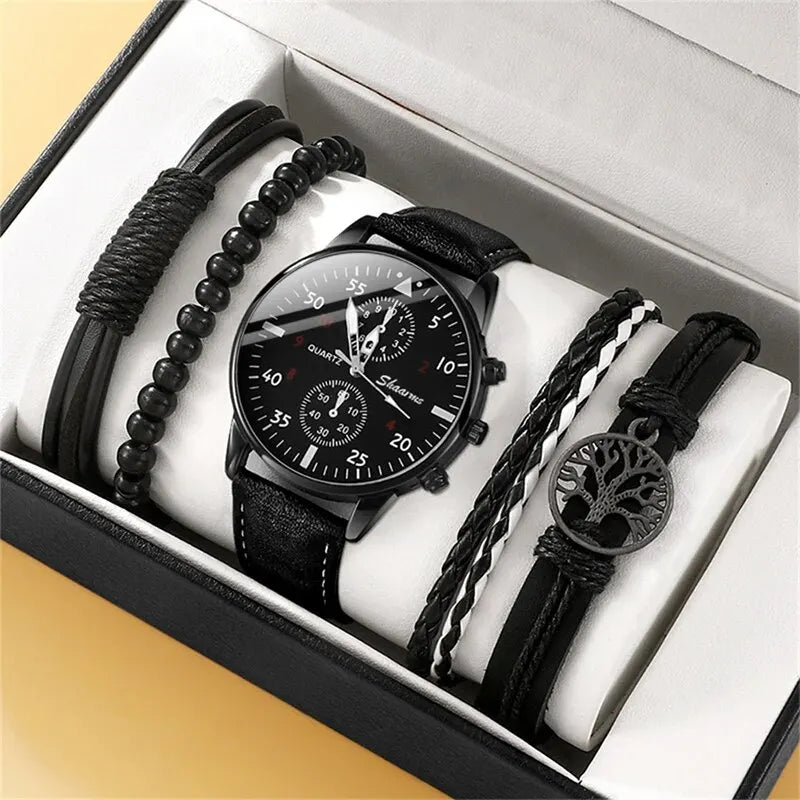Men's Luxury Watch & Bracelet Gift Set — Fashion Business Brown Leather Quartz Wristwatch — view 7 of watches