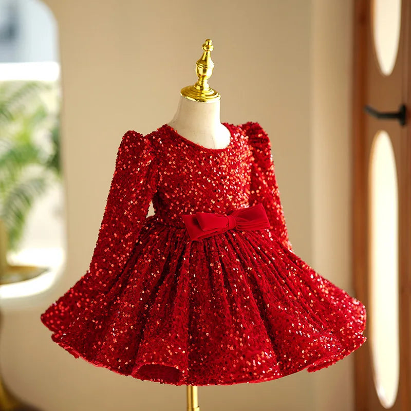 Long Sleeve Fashion Red Princess Ball Gown For Girls Sequins Bow Design Birthday Party Wedding Dress g170