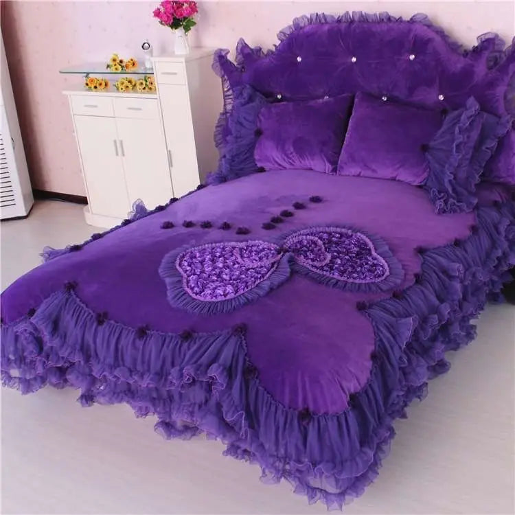 Winter Coral Fleece 4pcs Set Lace Princess Wind Pastoral Padded Plush Bed Skirt Double-sided Fleece Quilt Cover Bedding Sets