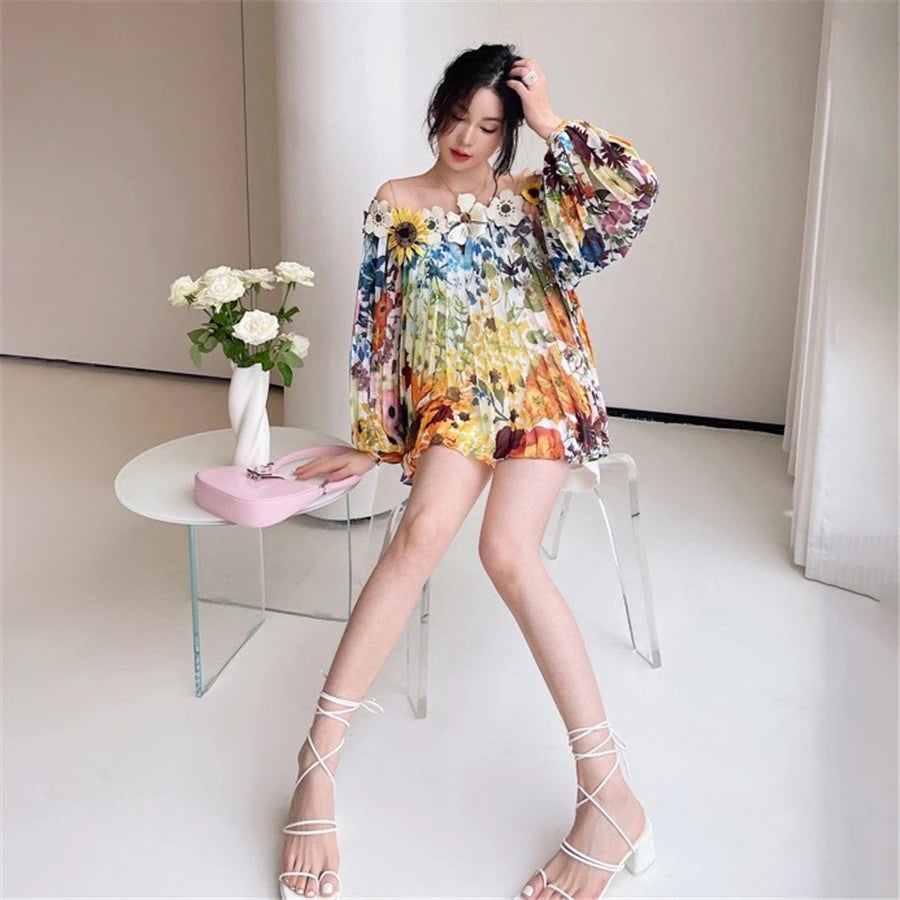 2024 Spring Women Top Patchwork Mesh Off Shoulder Printed Blouse Three-dimensional Flower Fashion Draped Loose Shirt