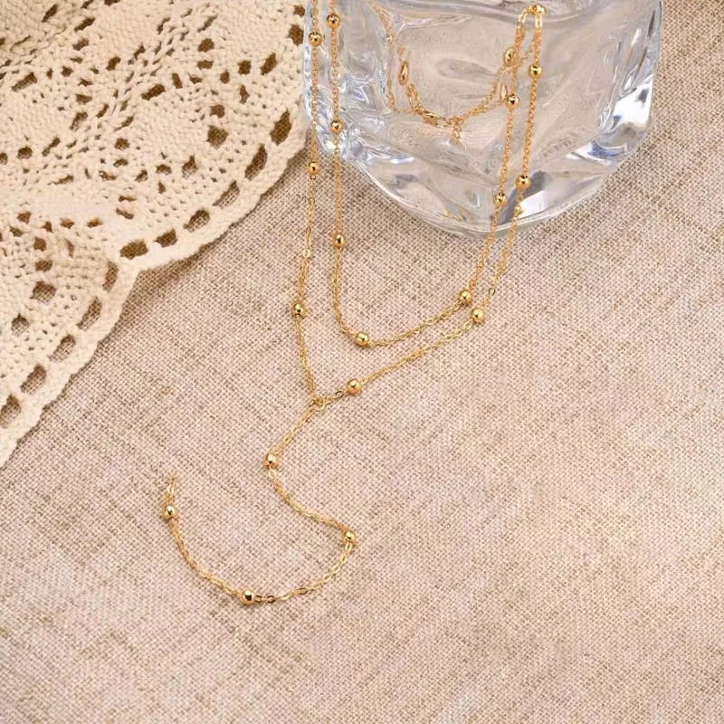 Women's Gold Plated Lariat Necklace — Double Layered Long Chain Drop Pendant Jewelry — view 6 of jewelry