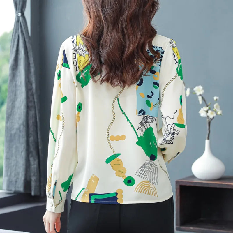 Spring Printed Chiffon Shirt – Women’s Slim Vintage Long-Sleeve Retro Blouse