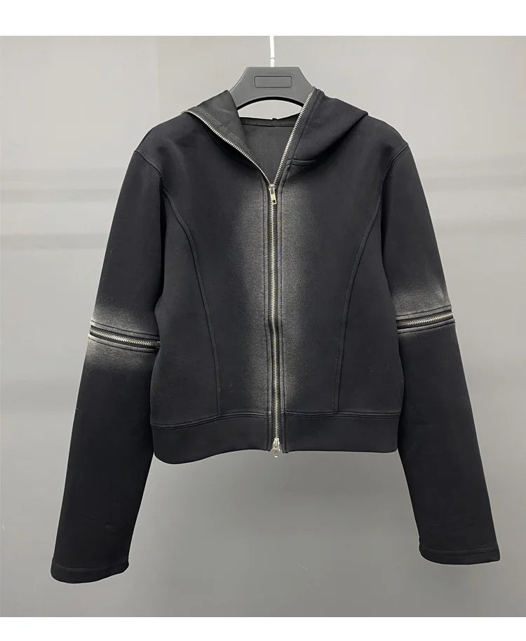 Y2k Vintage Short Hoodies Women Hip Hop Zip Up Long Sleeve Distressed Jacket Coats Autumn Winter Casual Gothic Hooded Sweatshirt