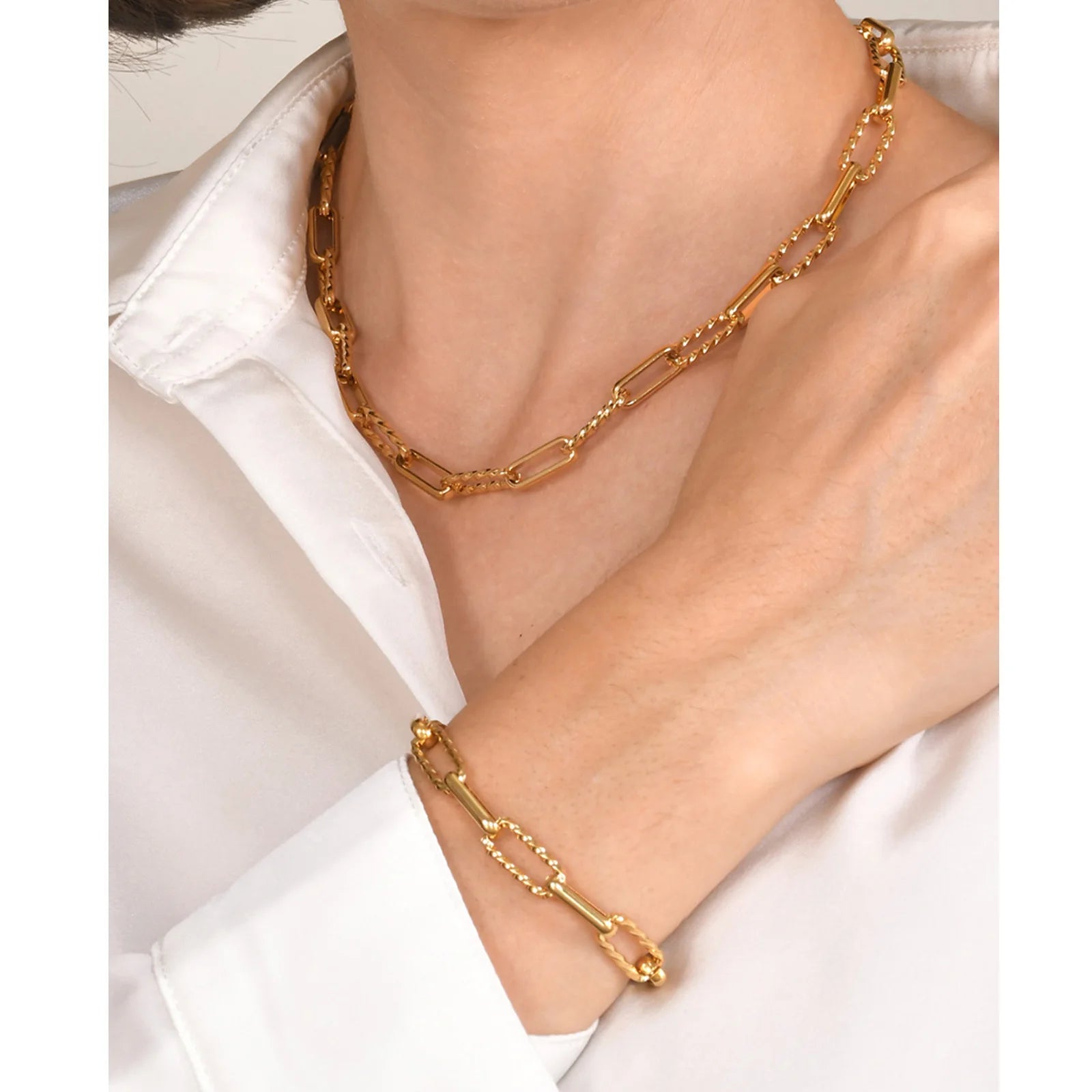 Women's 18K Gold-Plated Twist Paperclip Chain Bracelet Stainless Steel Stackable Wrist Chain — view 2 of bracelets