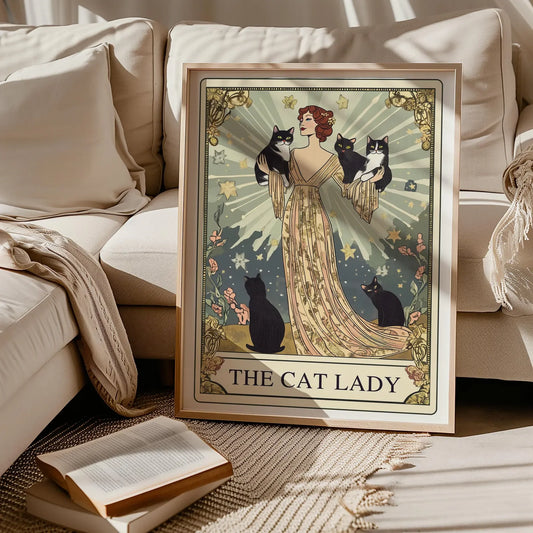 Home Decor Cat Lady Tarot Print — Art Nouveau Wall Art, Vintage Cat Lovers Poster, Cat Mom Gift — view 1 of home decor
