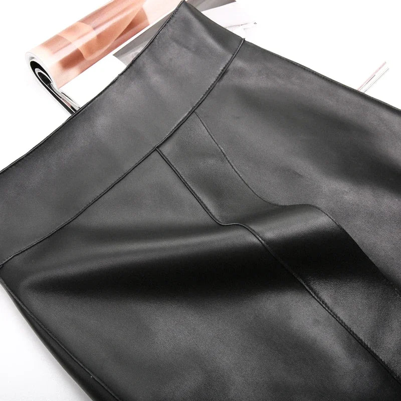 2023 Latest Real Sheep Skin Leather Tight Slim Women Zipper Sexy Black Irregularity  Leather Mini Skirt