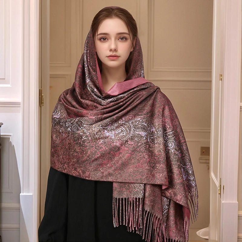 Luxury Paisley Pashmina Embroidery — Cashmere Reversible Drape Floral Designer Shawl Wrap — view 6 of scarves & wraps