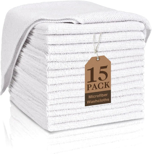 Bath Towels Washcloths 15-Pack White — Quick-Dry Microfiber Face Cloths for Bathroom, Gym & Travel