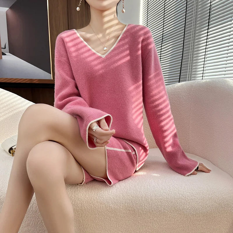 Spring and autumn new suit 100% wool shorts suit women's knitted loose color matching V-neck thin sweater two-piece suit