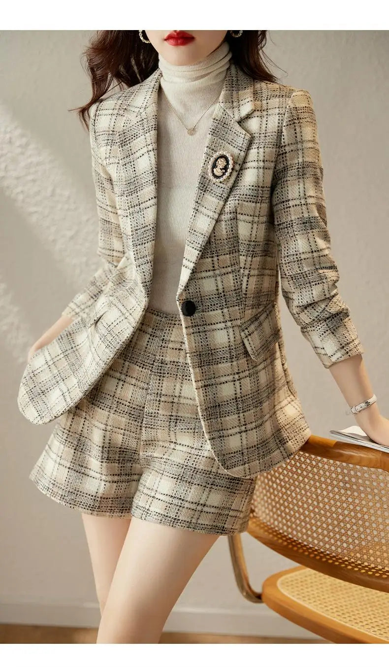 Autumn Winter Vintage Plaid Blazer Office Ladies 2 Piece Sets Korean Elegant Long Sleeve Suit Coat And High Waist Shorts Outfit