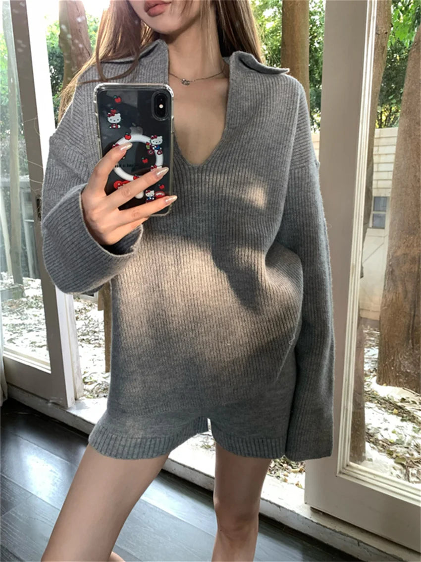 PLAMTEE Winter Knitwear Women Two Pieces Suits Slim Pullovers Chic Sweaters Elegant 2025 New Gentle Casual High Street Shorts