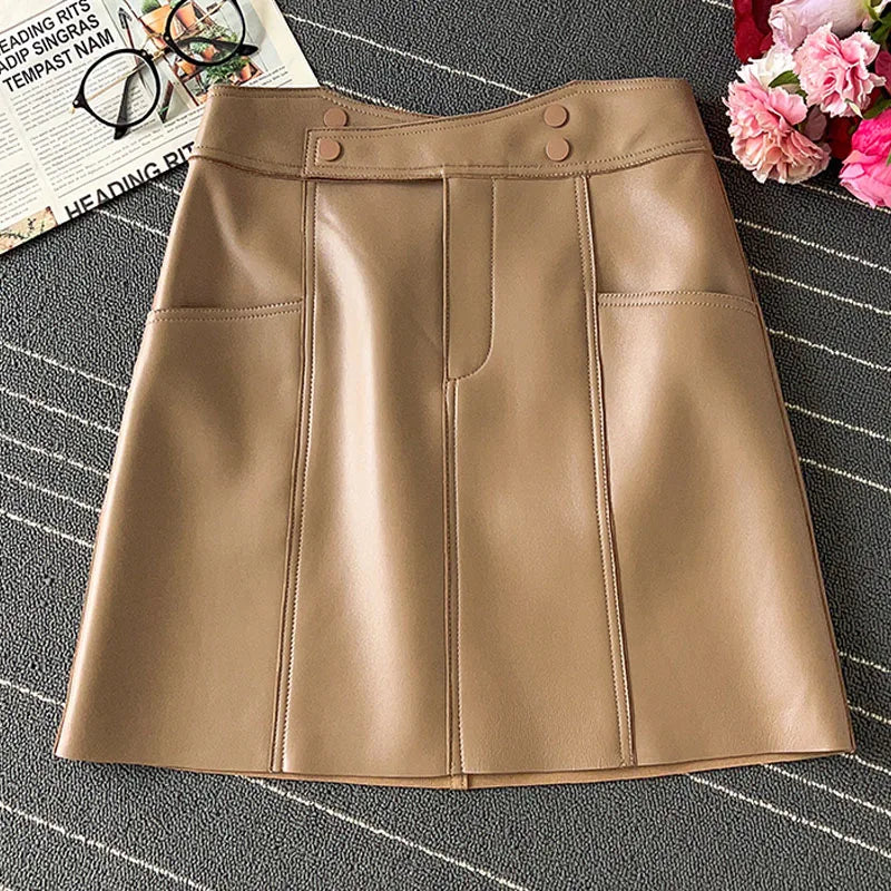 Women Fashion 2023 Spring Harajuku Sheepskin Leather Short Skirt Irregular Pocket A-line Sexy Mini White/Black Solid