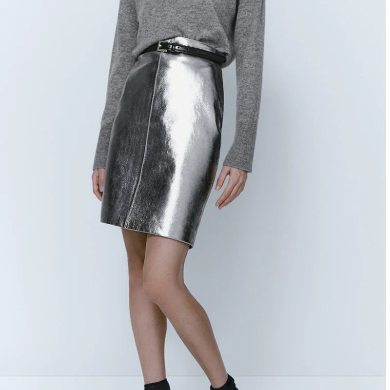 Europe/America Genuine Leather silver Skirt Women 2023 Spring 50cm Long Fashion High Waist Buttons Retro Pencil Skirt Walk High