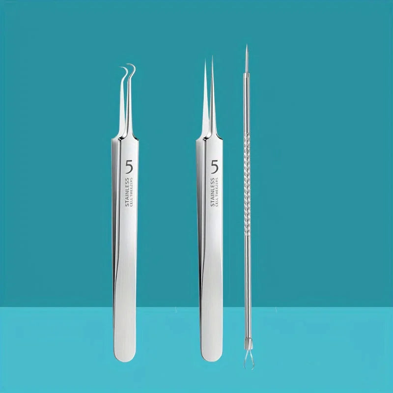Stainless steel blackhead and pimple extractor skincare tool set — view 2