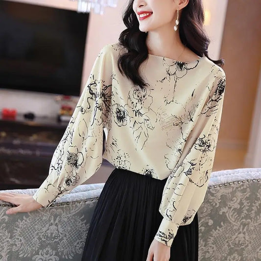 French Style Original Design Fashion Casual Printed Long Sleeved Shirt Autumn New Vintage Elegant Loose Round Neck Women's Top