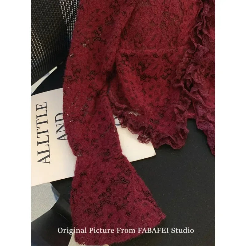 France Ankela Red Crochet Hollow V-neck Lace Shirt Spring Sexy Women Long Flare Sleeve Bottoming Shirts with Chest Pad Small Top