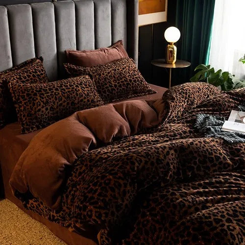 Coral Fleece Four-Piece Set Winter Thicken Thermal Double-Sided Flannel Bed Sheet Leopard Quilt Cover Milk Fiber Bedding
