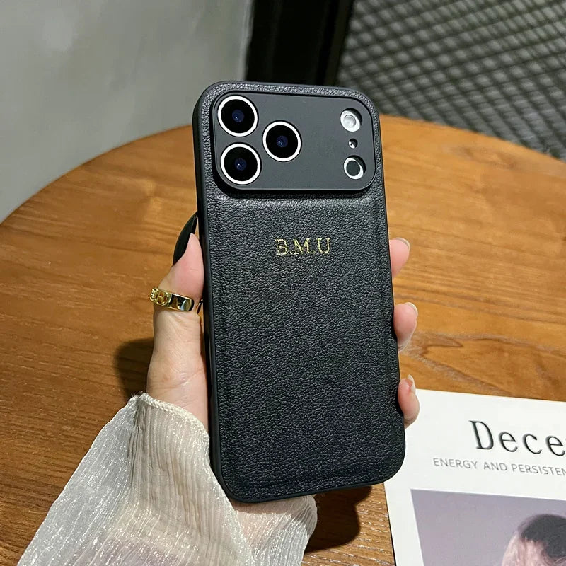 Personalized Gold Initial Leather Case for iPhone 11–17 Pro Max Custom Name
