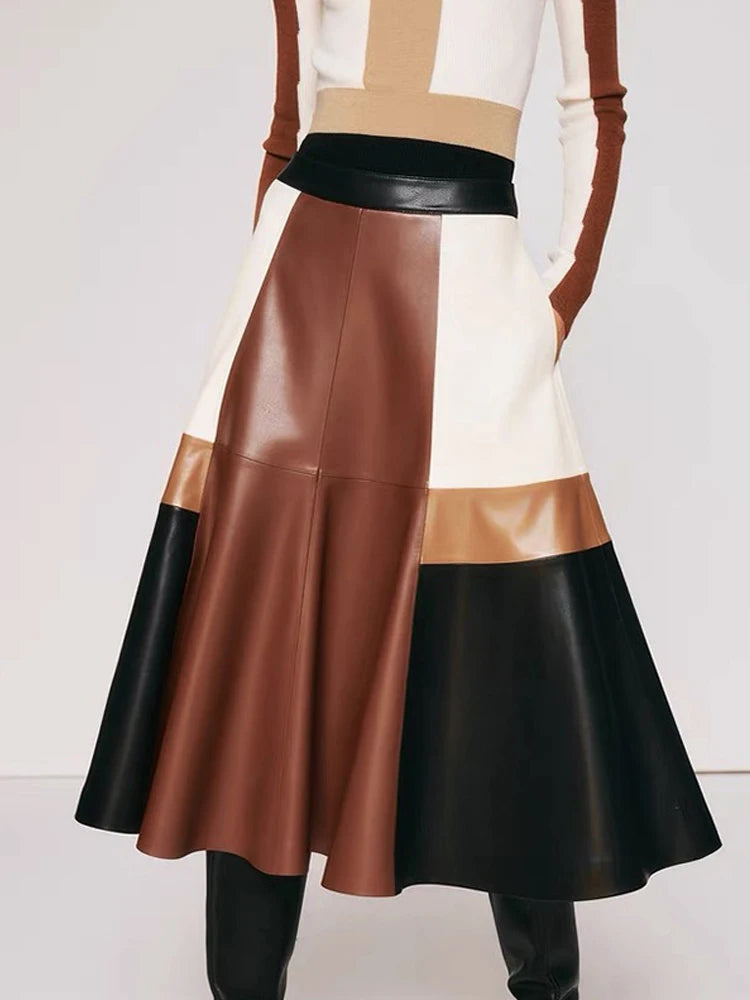 Moda Clothing 2024 Spring and Autumn Fashion Contrast Color Leather Skirts Female Retro Patchwork Large Swing 80CM Long Faldas