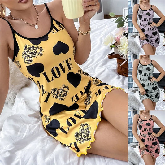 Sexy Spaghetti Strap V-Neck Nightdress Women Nightie Summer Loose Cotton Nightgown Female Cute