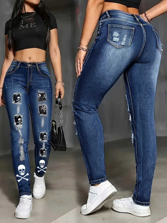 Plus-Size Dark-Wash Floral Embroidered Flare Jeans — Mid-Rise Slim Wide-Leg Denim — front view